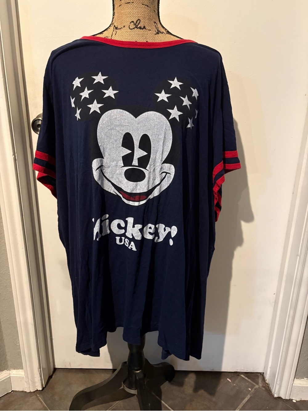 Disney Navy Mickey USA Graphic Short Sleeve Tee with Red Trim
